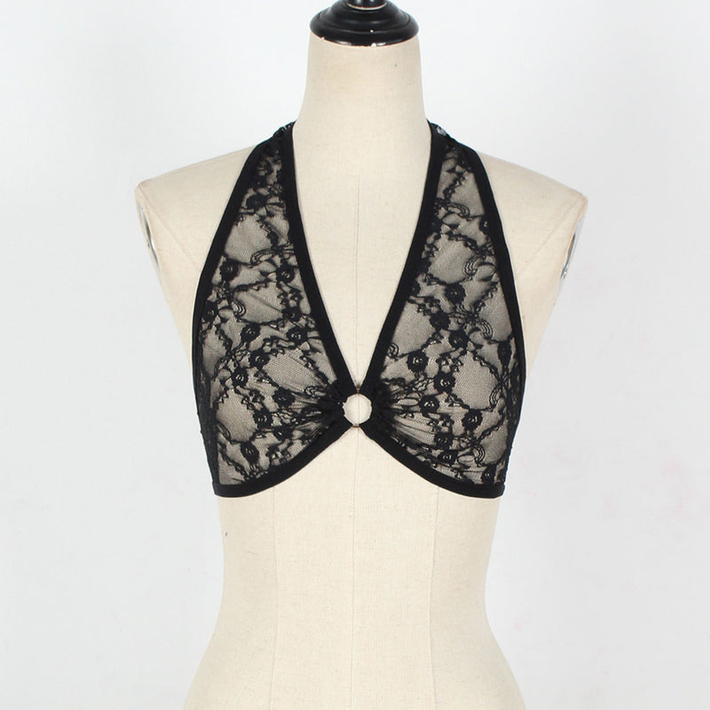 Lingerie For Ladies Lace Halter Neck Criss Cross Back Lace Bra Deep V Scalloped Strappy Bralette Lenceria Sexys Para Mujer Fina