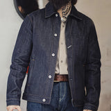 Maden Retro Men's 16.5oz Denim Jackets Heavyweight Cotton Lapel Jacket Solid Color Printed Classic Coat for Autumn Outerwear