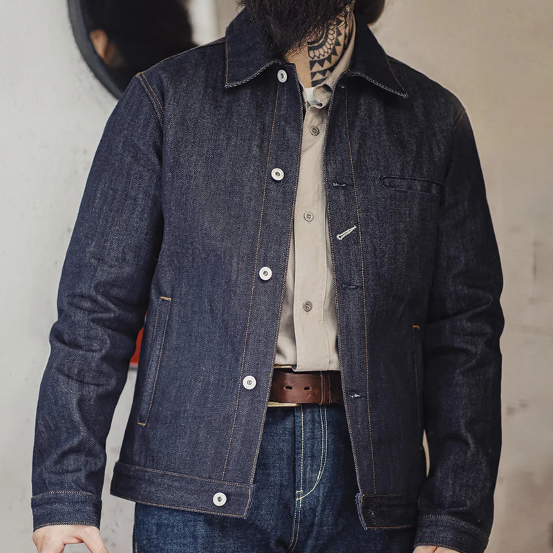 Maden Retro Men's 16.5oz Denim Jackets Heavyweight Cotton Lapel Jacket Solid Color Printed Classic Coat for Autumn Outerwear