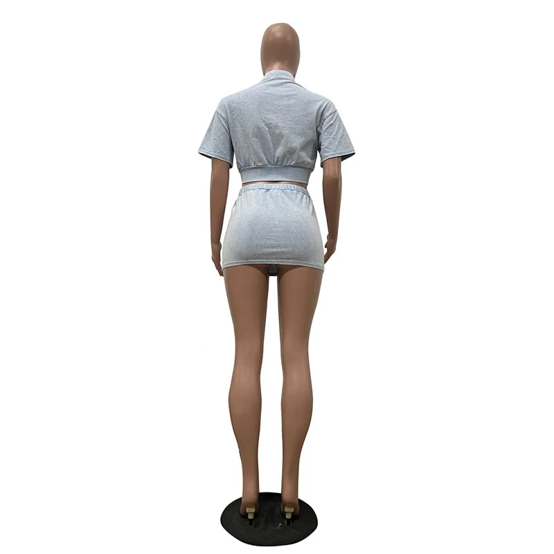 Women Solid Ribbed Patchwork 2 Piece Set Zip-up Short Sleeve Pockets Slim Crop Tops + Bodycon Mini Skirts Casual Streetwear Suit