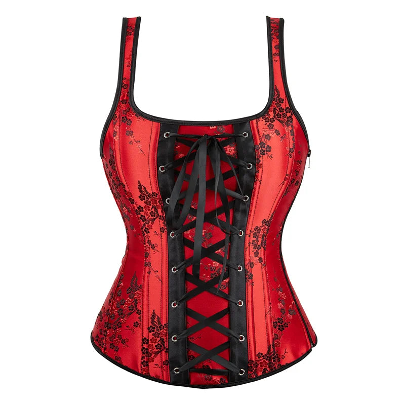Corset Top Plus Size Sexy Lingerie Women Bustier Strap Embroidery Flower Overbust Corselet Vintage Fairy Burlesque Red Black