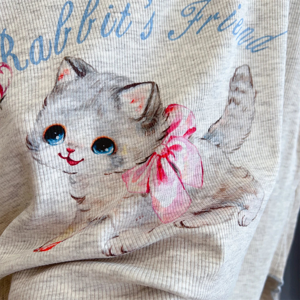 Modal Pajama Sets Sweet Cat Loose Long Sleeve Round Collar Bow Short T Shirt Women's Spring and Autumn Soft Sleepwear
