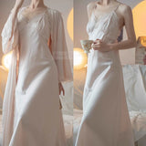 New Female Long Robe Nightgown Set Sexy Lace Trim Sleepwear Suspender Nightdress Spring Summer Casual Satin Home Dress Bathrobe