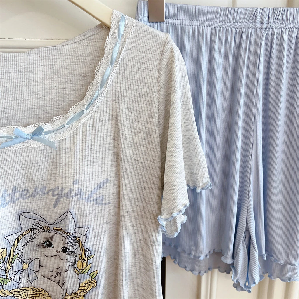 Modal Pajama Sets Sweet Cat Loose Long Sleeve Round Collar Bow Short T Shirt Women's Spring and Autumn Soft Sleepwear