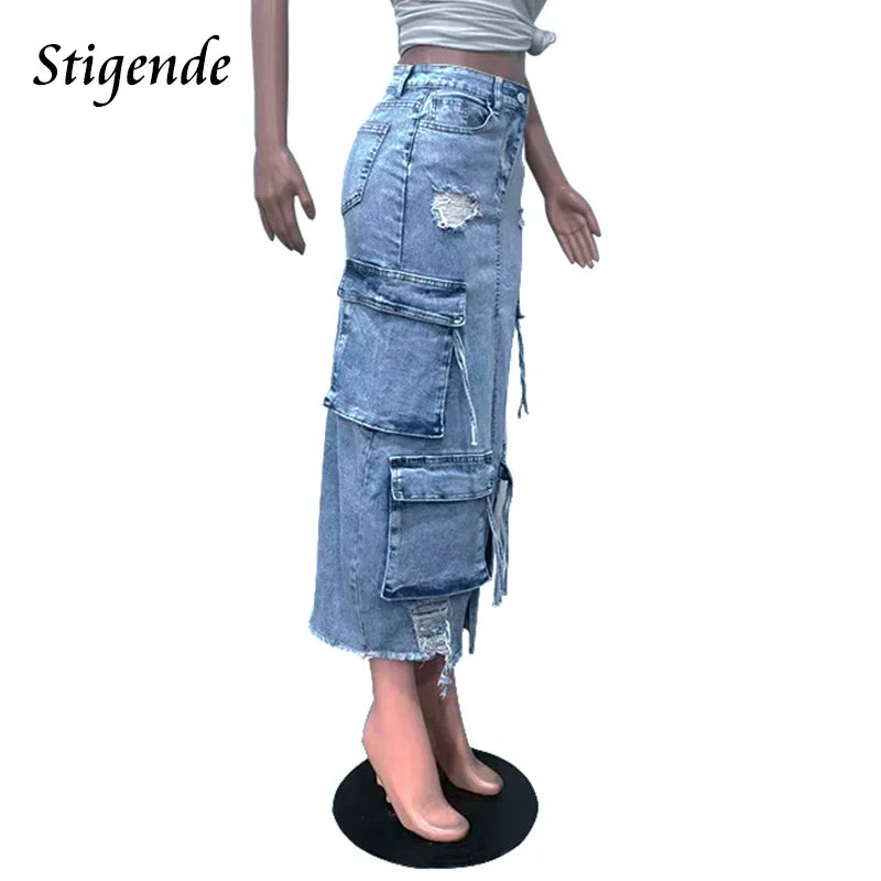 Stigende Women's High Split Ripped Denim Maxi Skirt with Multiple Pockets Distressed Lace Up Jeans Cargo Skirt Y2k