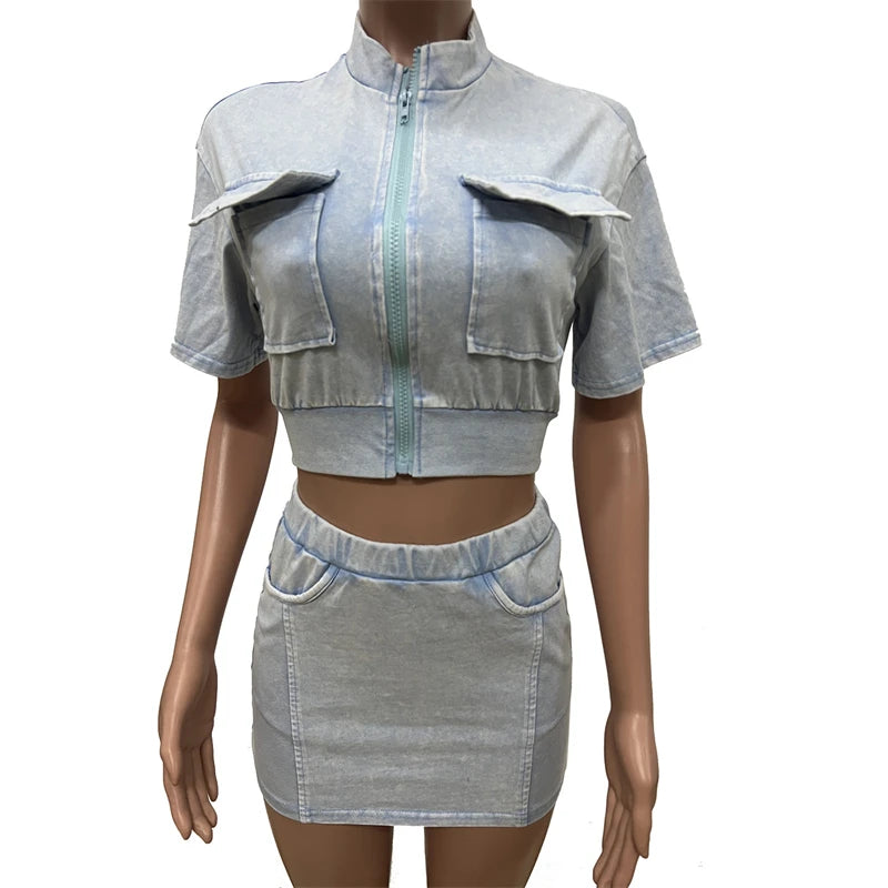 Women Solid Ribbed Patchwork 2 Piece Set Zip-up Short Sleeve Pockets Slim Crop Tops + Bodycon Mini Skirts Casual Streetwear Suit
