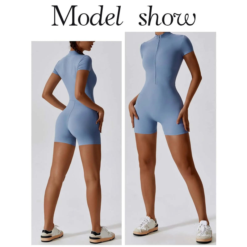 Plus Size Jumpsuit For Women'S Solid Color Summer Zippered Short Sleeve Yoga Shapewear For Dance Fitness Tight Workout Romper