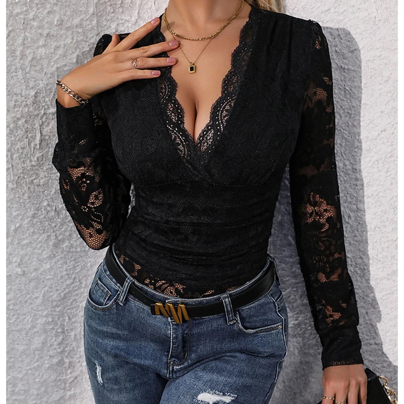 Womens Lace Essential Bodysuit Jumpsuit Deep V Neck Long Sleeve Slim Fit Stretch T-shirt Sheer Skinny Romper Nightwear Clubwear