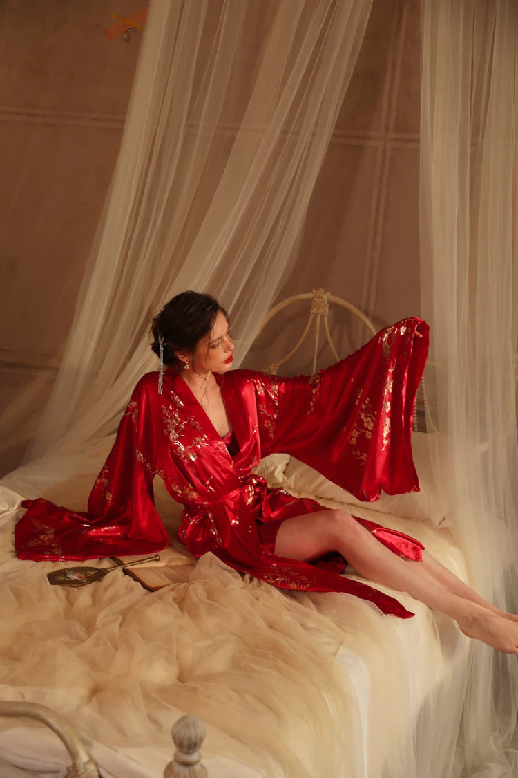 Bronzing Floral Kimono Robe Chinese Style Dress Big Sleeve Nightgown Lady Satin Homewear Bride Wedding Bathrobe Gown Loungewear