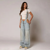 Jumpsuits Women Jeans Overalls Sexy Backless Vintage Full Length Denim Straight Pants Loose Pockets Distressed Washed Casual