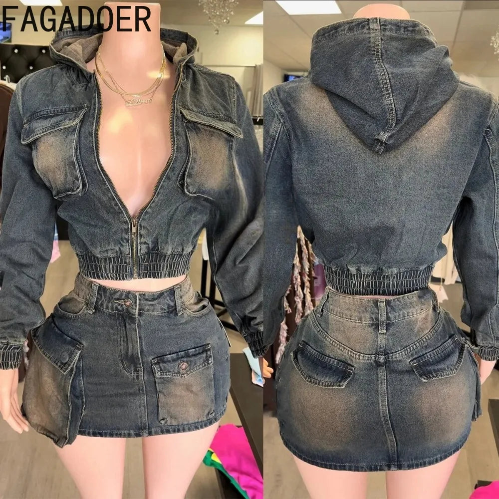 FAGADOER Y2k Retro Denim Two Piece Set Hot Girl Cargo Pockets Patchwork Zip Jacket and Stretchy Mini Skirts Suits Streetwear New