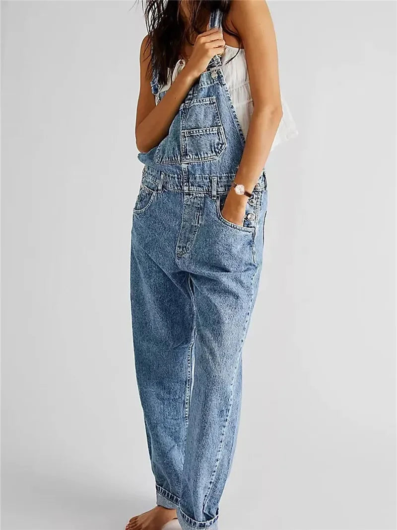 Denim Jumpsuit y2k Women Solid Color Sleeveless High Waist Romper Pants Jeans Bib Overalls with Pockets Streetwear