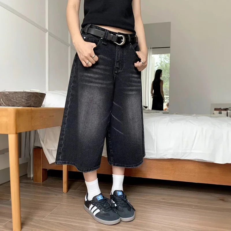 Harajuku Vintage High Waist Black Retro Washed Denim Shorts Women's Fashion Casual Loose Fit Y2K Streetwear Mid Long Short