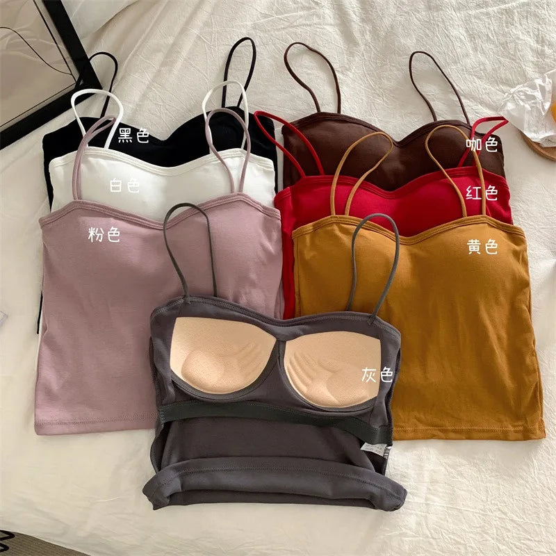 Women's Solid Sweet Camisole With Chest Pad Slimming Fit Fashion Yoga Sports Casual Versatile Cropped Top With Built In Bra