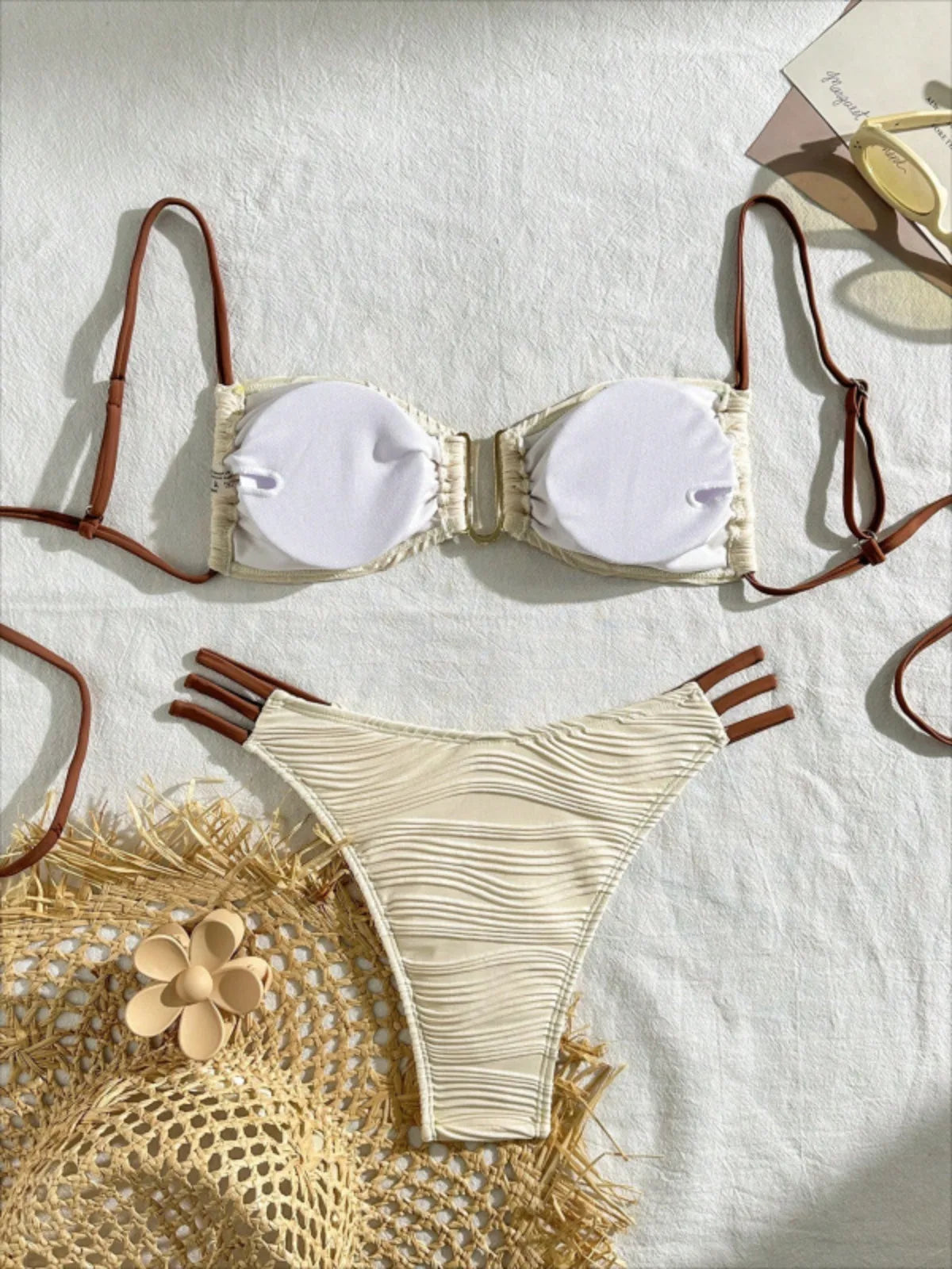 Beige Solid Color Bikini Set Women's Sexy U-neck Suspender Backless Bathing Suit High Waist Bandage Beach Vacation Swimwear 2024