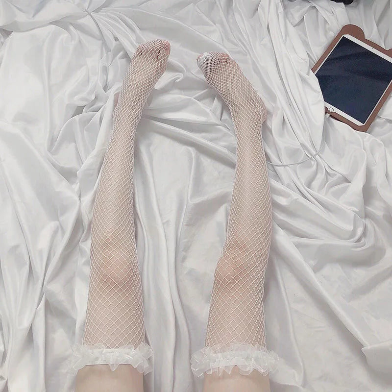 White Stockings Female Lace Fishnet Stockings with Bow Lolita Long Tube Knee-length Summer Thin Jk Socks White Thigh High Socks