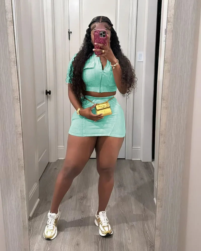 Women Solid Ribbed Patchwork 2 Piece Set Zip-up Short Sleeve Pockets Slim Crop Tops + Bodycon Mini Skirts Casual Streetwear Suit