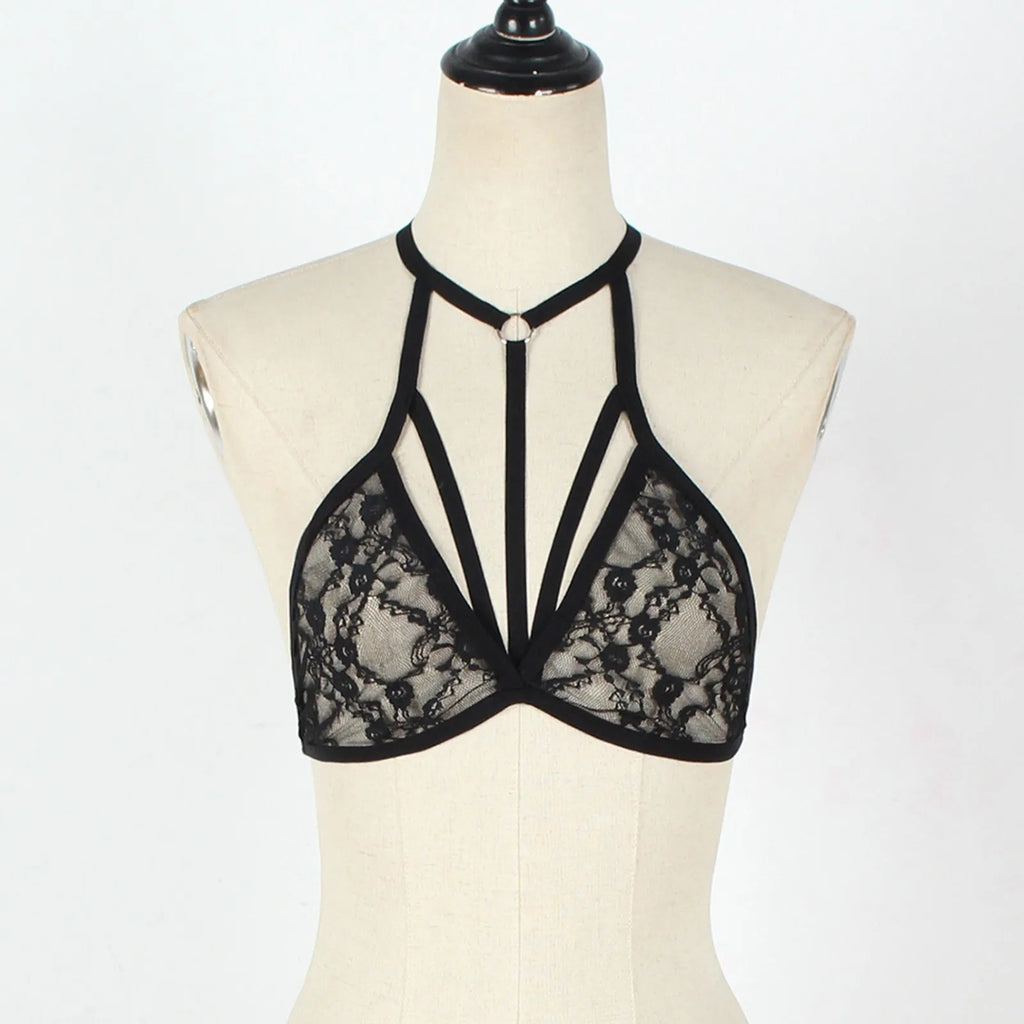 Lingerie For Ladies Lace Halter Neck Criss Cross Back Lace Bra Deep V Scalloped Strappy Bralette Lenceria Sexys Para Mujer Fina