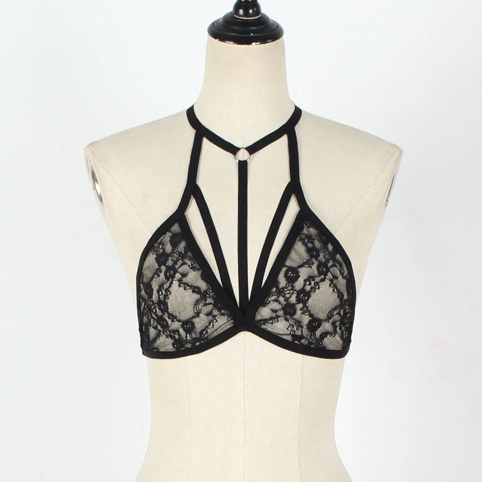 Lingerie For Ladies Lace Halter Neck Criss Cross Back Lace Bra Deep V Scalloped Strappy Bralette Lenceria Sexys Para Mujer Fina