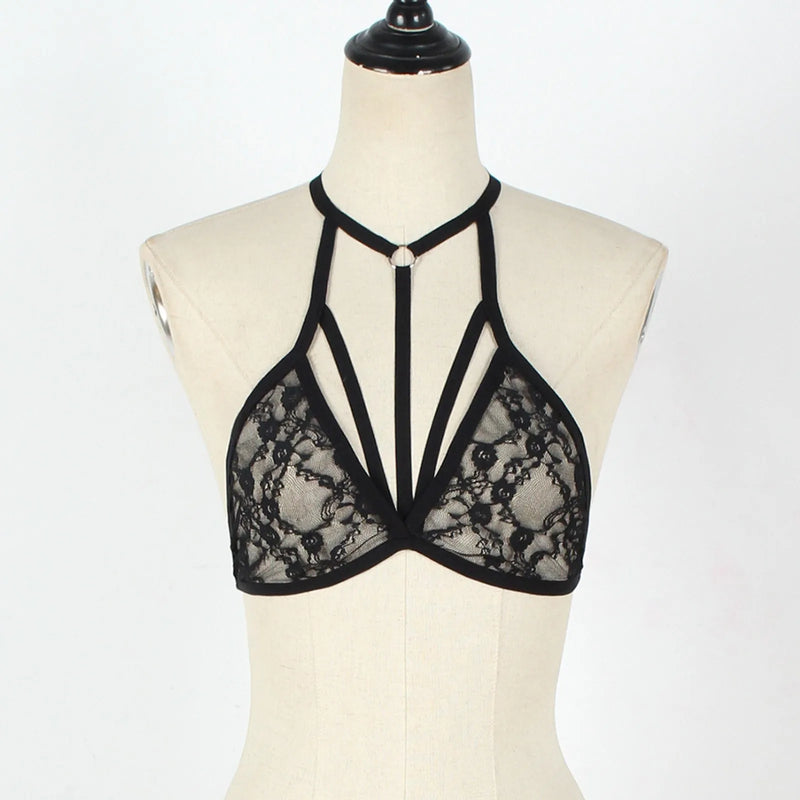 Lingerie For Ladies Lace Halter Neck Criss Cross Back Lace Bra Deep V Scalloped Strappy Bralette Lenceria Sexys Para Mujer Fina