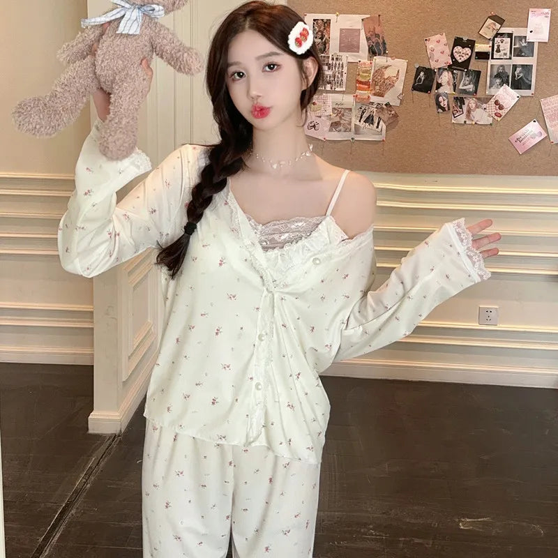 Women Pajama Sets Soft Modal Pijamas Mujer Sleepwear Lady Spring Summer New Nightwear Femme 3 Pieces Sets Lace Trim Homewear