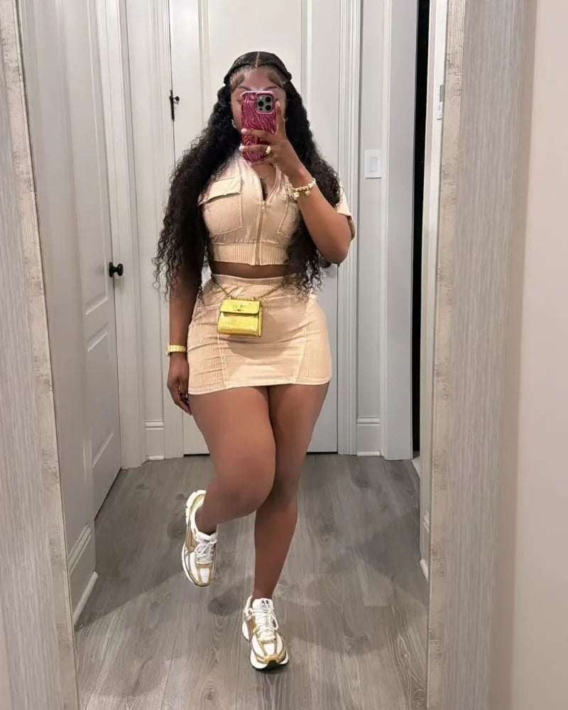 Women Solid Ribbed Patchwork 2 Piece Set Zip-up Short Sleeve Pockets Slim Crop Tops + Bodycon Mini Skirts Casual Streetwear Suit