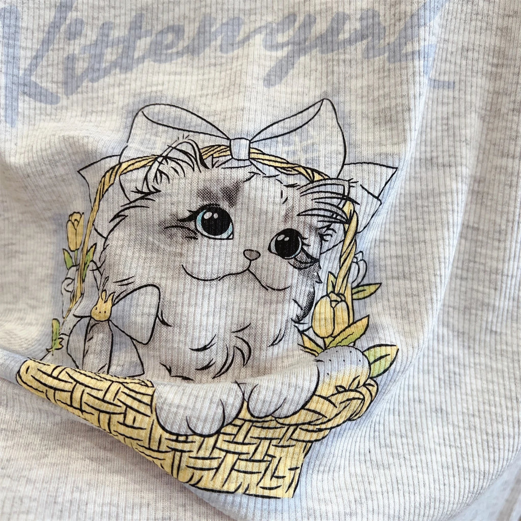 Modal Pajama Sets Sweet Cat Loose Long Sleeve Round Collar Bow Short T Shirt Women's Spring and Autumn Soft Sleepwear