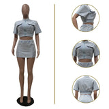 Women Solid Ribbed Patchwork 2 Piece Set Zip-up Short Sleeve Pockets Slim Crop Tops + Bodycon Mini Skirts Casual Streetwear Suit