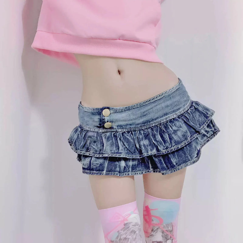 2024 New Women's Sexy Denim Skirt DS Bar DJ Nightclub Female Ruffles Super Short Mini Skirt Pleated Skirt
