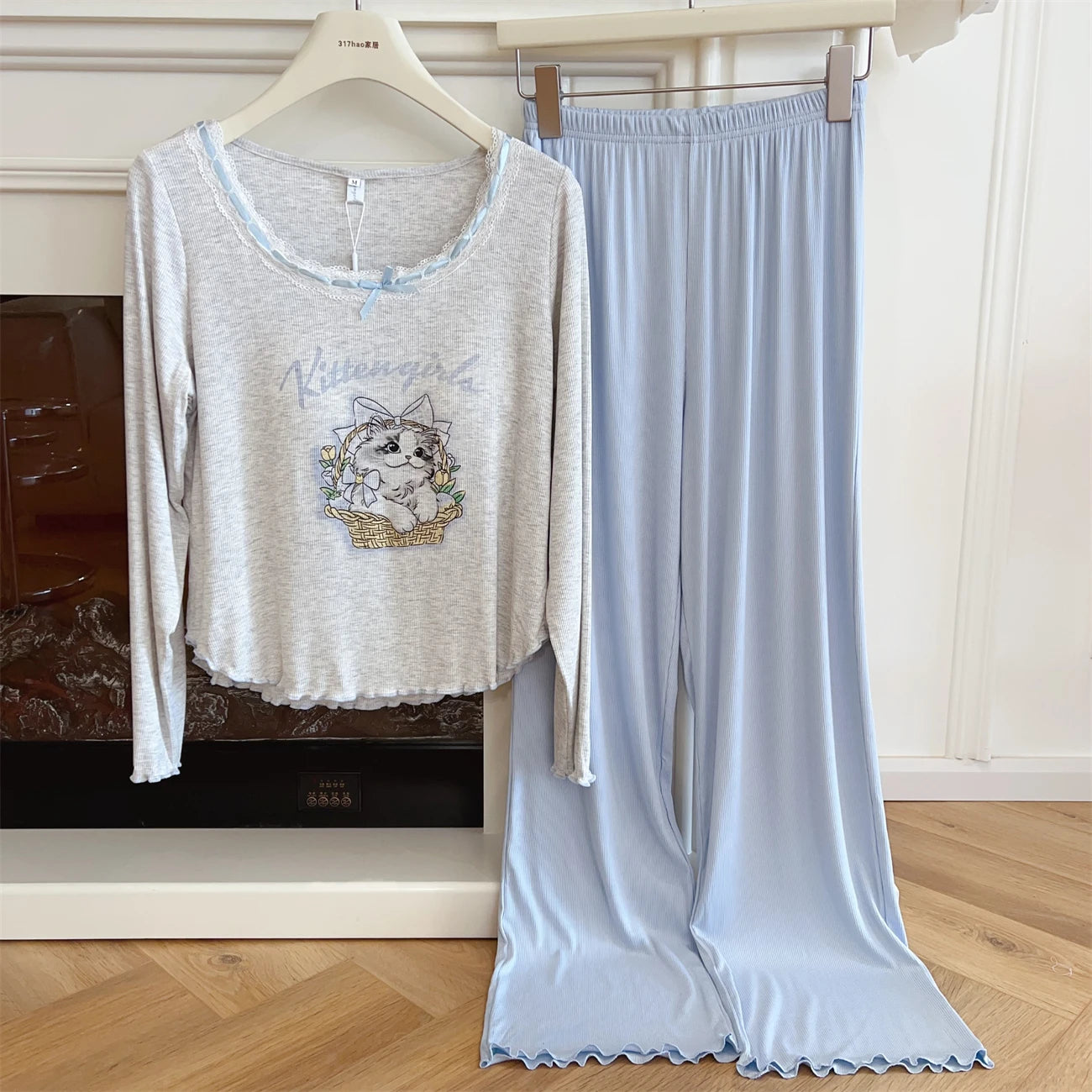 Modal Pajama Sets Sweet Cat Loose Long Sleeve Round Collar Bow Short T Shirt Women's Spring and Autumn Soft Sleepwear