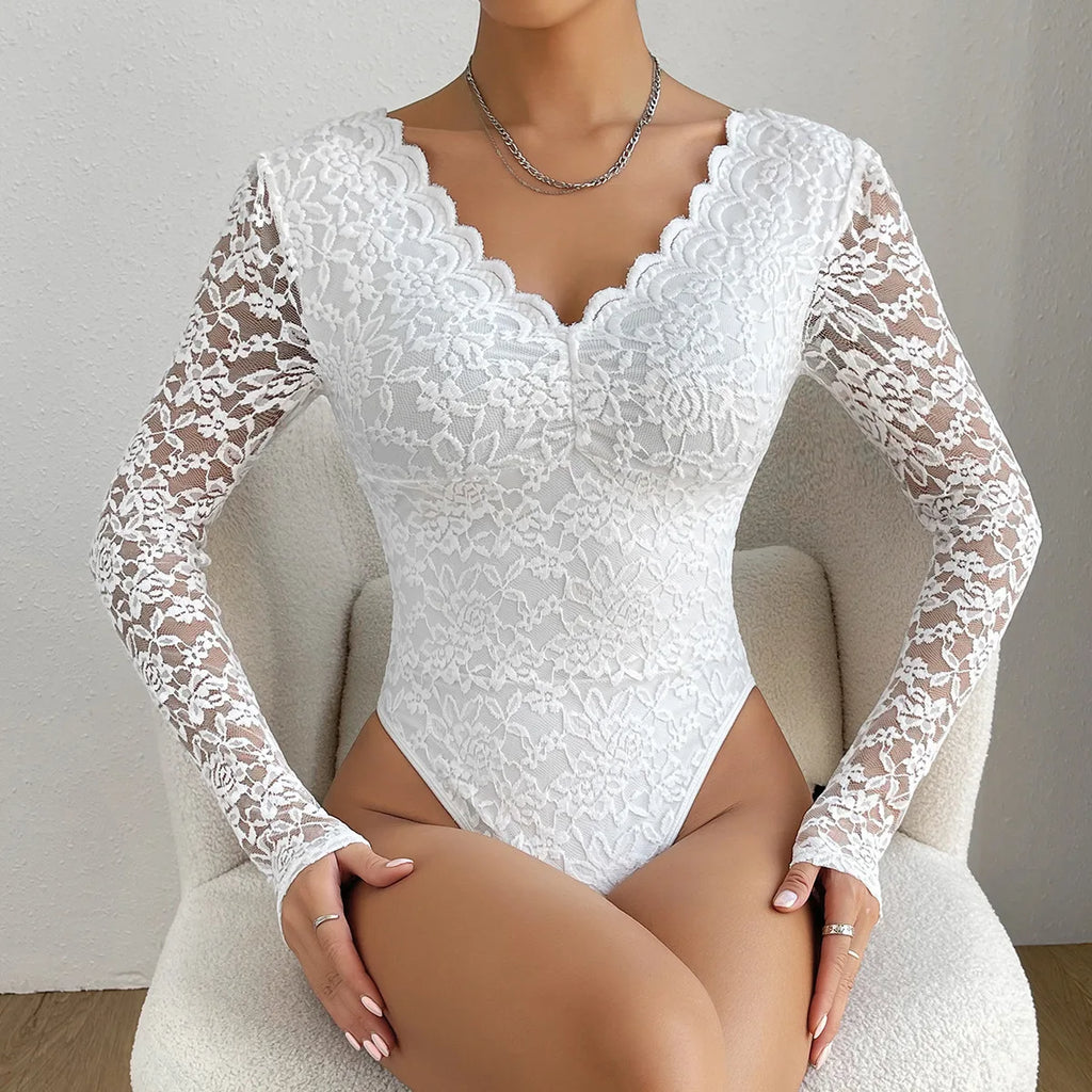 Womens Elegant Floral lace Shaping Bodysuit Sexy Scallop Trim V Neck Slimming Body Shaper Slim Night Club Party Leotards Tops