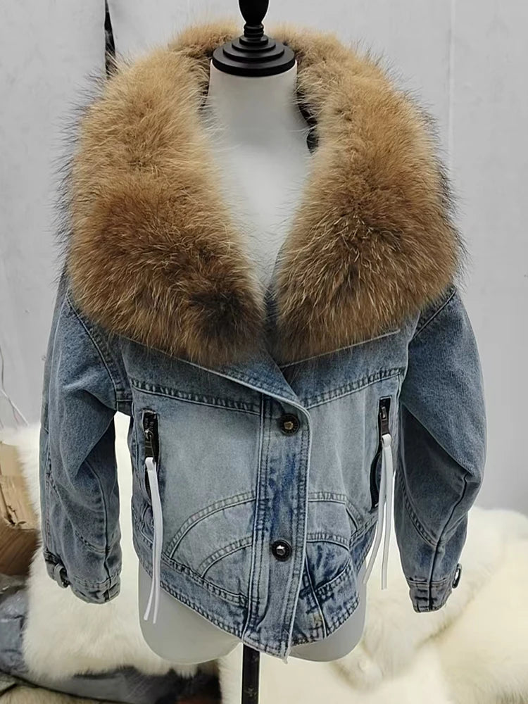 Womens Coats Spring 2025New 100%Natural Real Fox Fur Collar Fashion Short Denim Jacket Luxury Goose Down Puffer Jackets Clothing