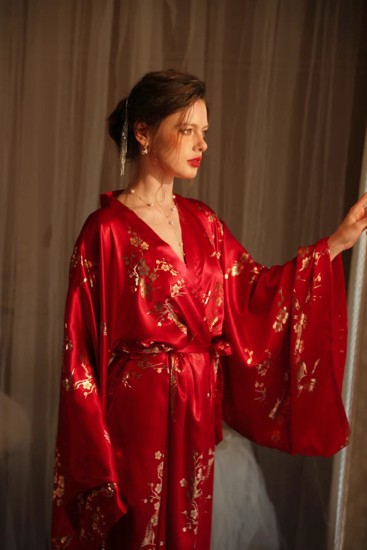Bronzing Floral Kimono Robe Chinese Style Dress Big Sleeve Nightgown Lady Satin Homewear Bride Wedding Bathrobe Gown Loungewear