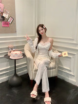 Women Pajama Sets Soft Modal Pijamas Mujer Sleepwear Lady Spring Summer New Nightwear Femme 3 Pieces Sets Lace Trim Homewear