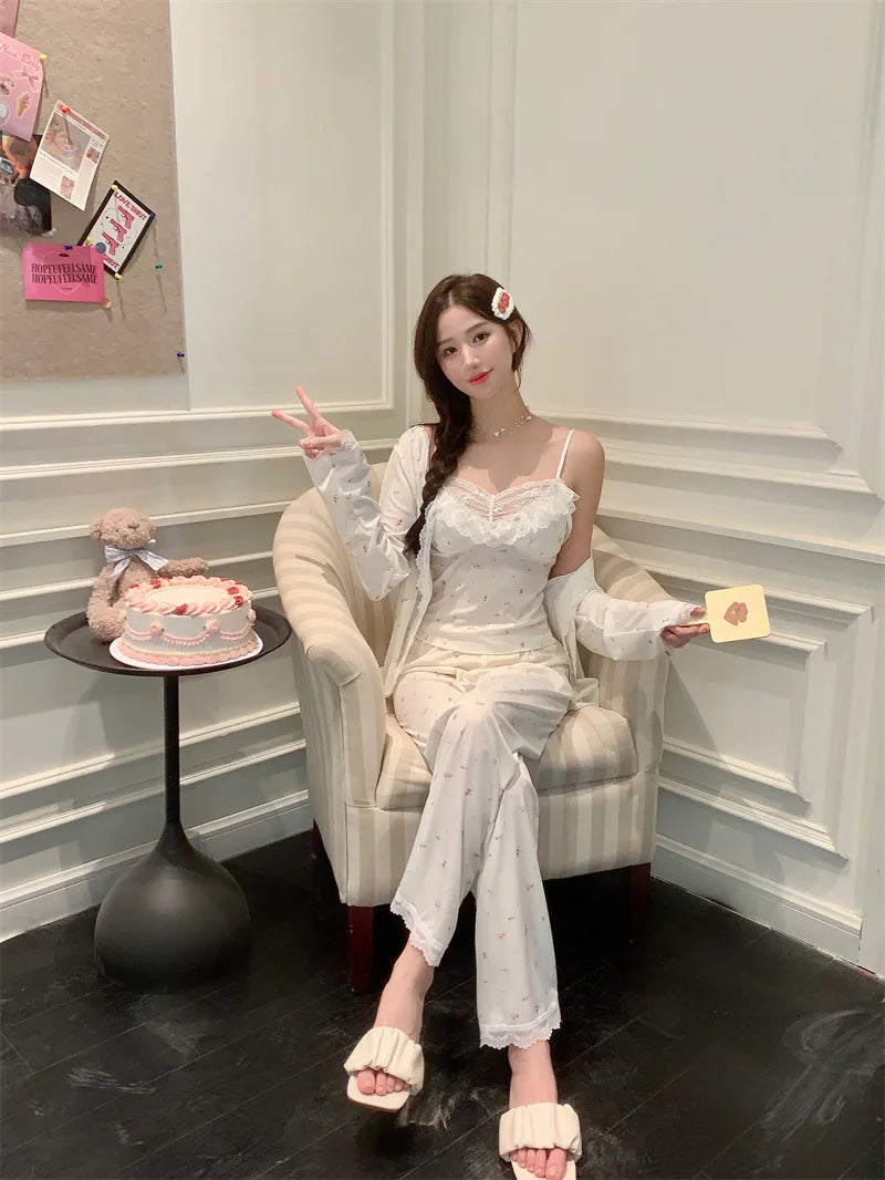 Women Pajama Sets Soft Modal Pijamas Mujer Sleepwear Lady Spring Summer New Nightwear Femme 3 Pieces Sets Lace Trim Homewear