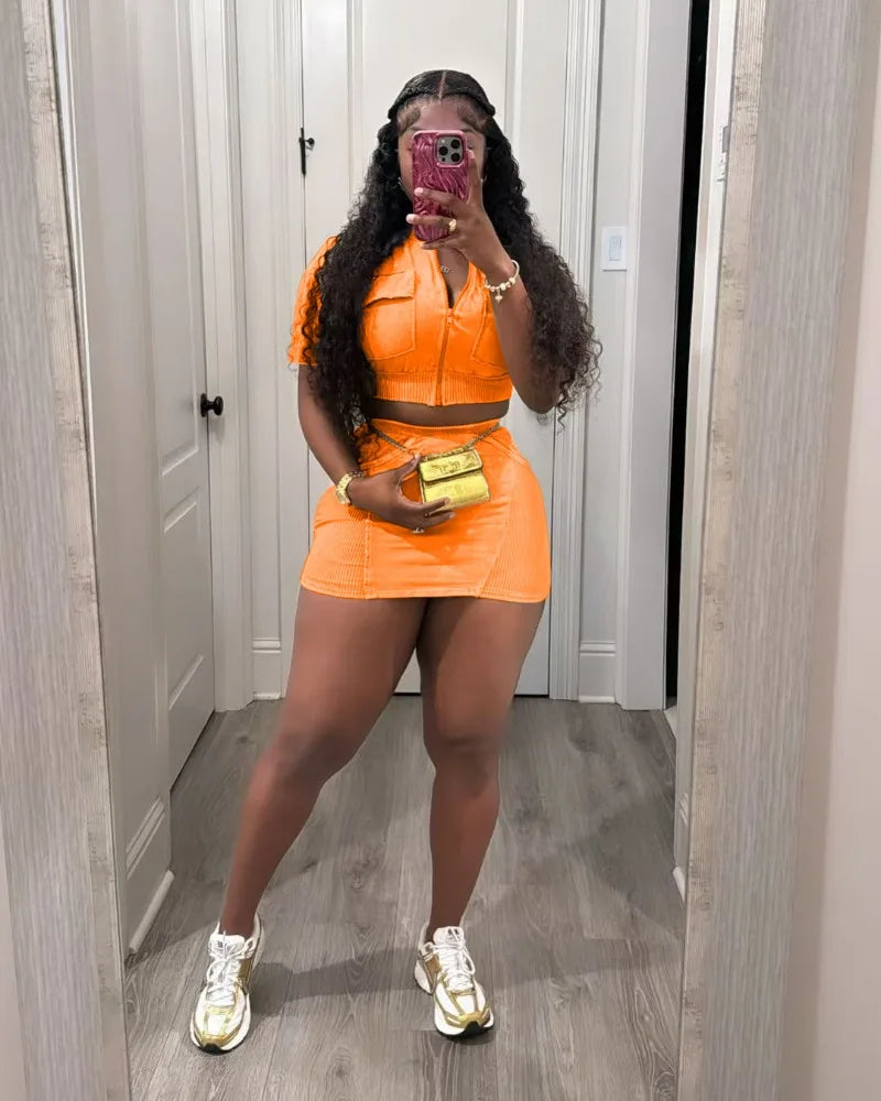 Women Solid Ribbed Patchwork 2 Piece Set Zip-up Short Sleeve Pockets Slim Crop Tops + Bodycon Mini Skirts Casual Streetwear Suit