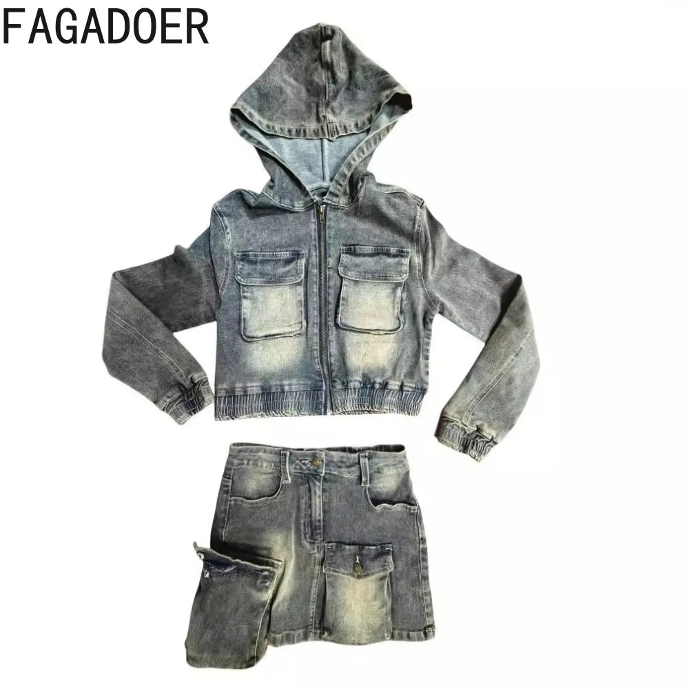 FAGADOER Y2k Retro Denim Two Piece Set Hot Girl Cargo Pockets Patchwork Zip Jacket and Stretchy Mini Skirts Suits Streetwear New