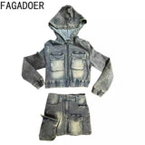 FAGADOER Y2k Retro Denim Two Piece Set Hot Girl Cargo Pockets Patchwork Zip Jacket and Stretchy Mini Skirts Suits Streetwear New