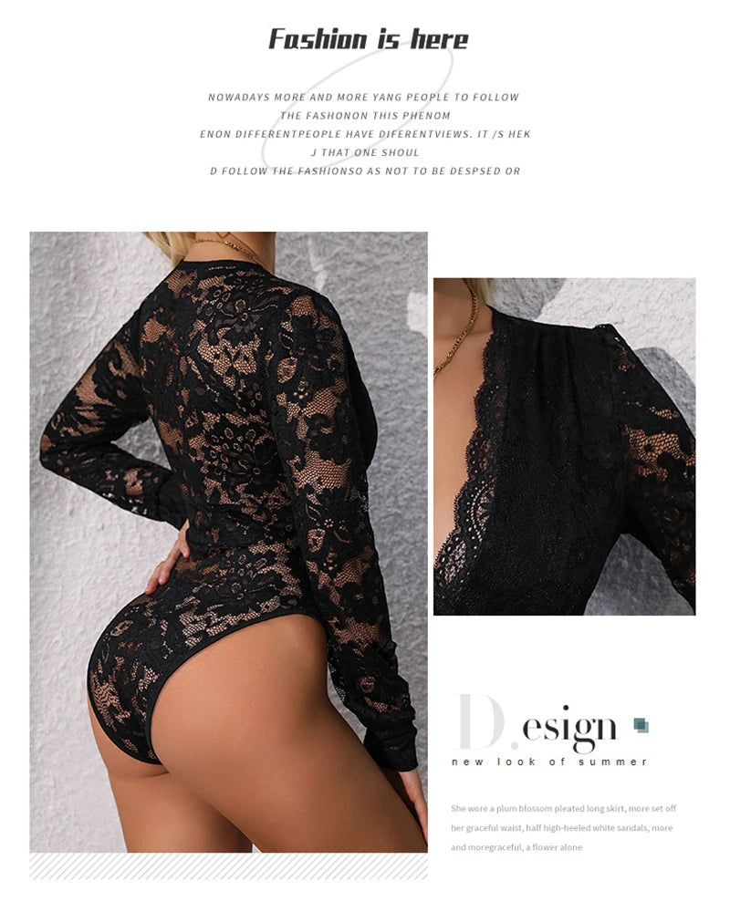 Womens Lace Essential Bodysuit Jumpsuit Deep V Neck Long Sleeve Slim Fit Stretch T-shirt Sheer Skinny Romper Nightwear Clubwear