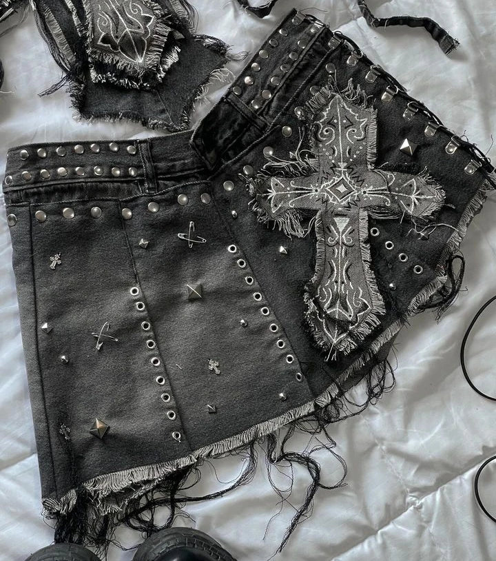 New Two Piece Sets Womens Outifits Retro Gothic Graphic Patch Y2K Clothing Denim Skirt Sets Suspender Slim Fashion Short Top