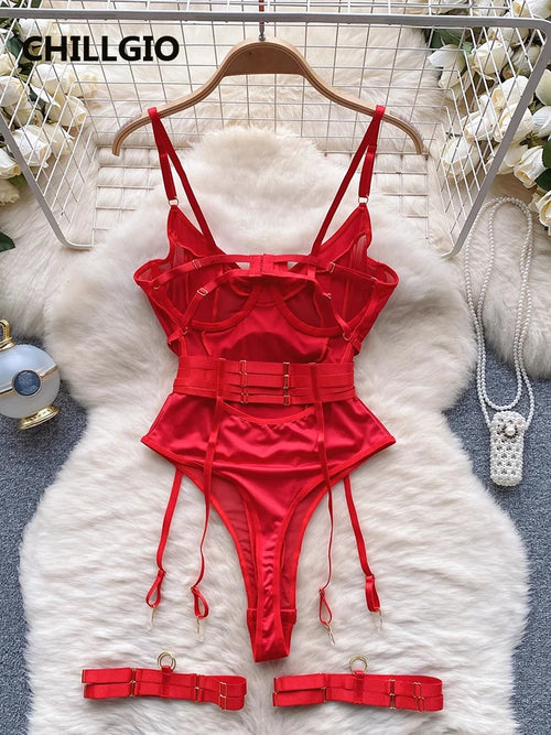 CHILLGIO Women Sexy Push Up Bodysuits Lingerie One Piece Bodycon Combination Catsuits Erotic Fashion Transparent Strappy Rompers