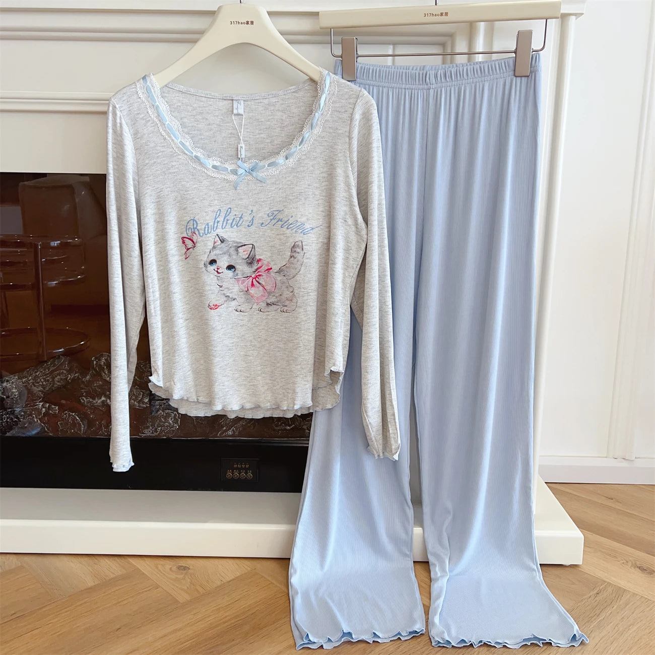 Modal Pajama Sets Sweet Cat Loose Long Sleeve Round Collar Bow Short T Shirt Women's Spring and Autumn Soft Sleepwear