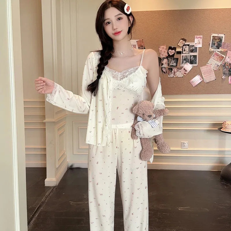 Women Pajama Sets Soft Modal Pijamas Mujer Sleepwear Lady Spring Summer New Nightwear Femme 3 Pieces Sets Lace Trim Homewear