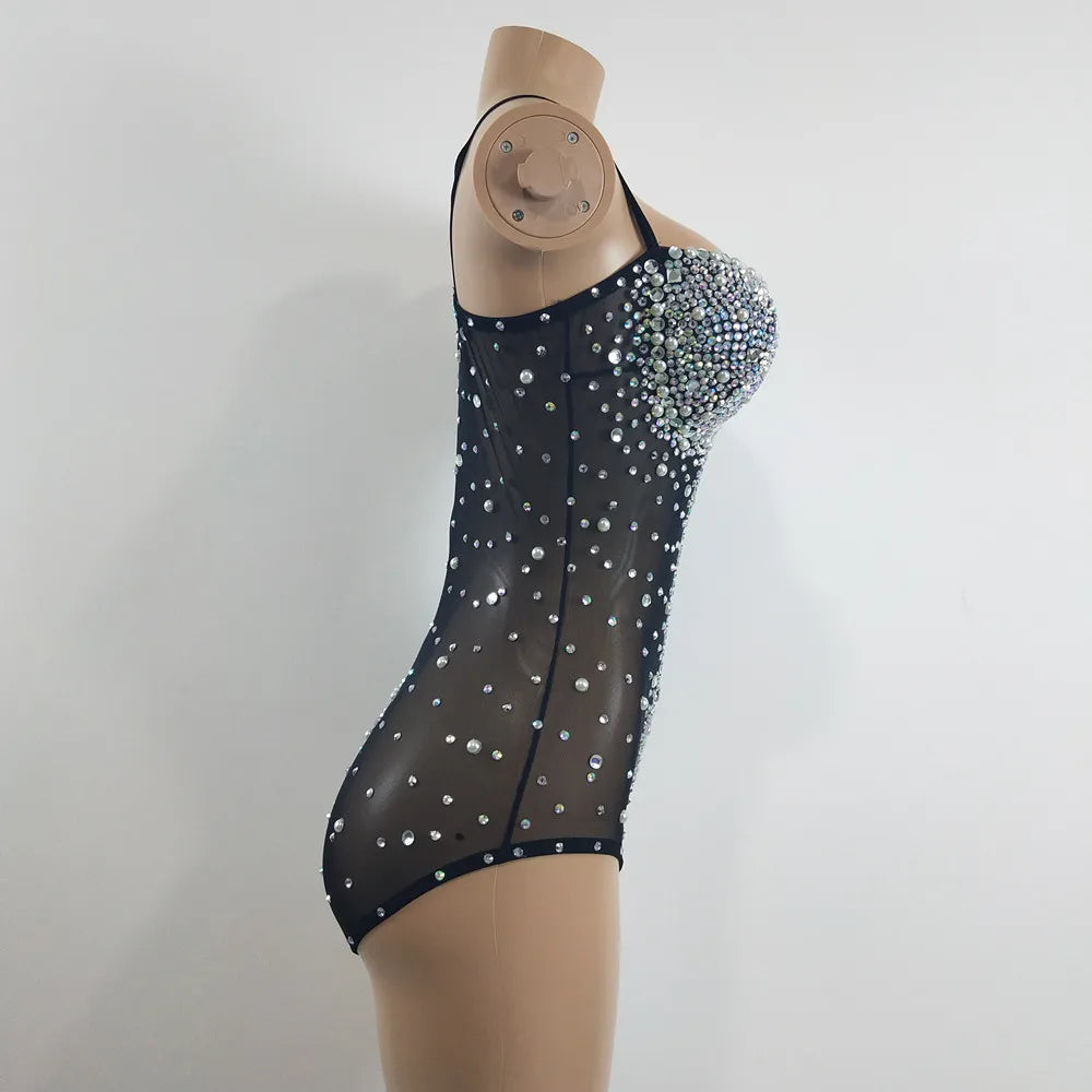 Sexy V Neck Perspective Mesh Elastic Crystals Bodysuit Women Dancer Stage Performance Costume Luxurious Gemstones Pearls Tights
