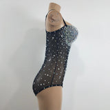 Sexy V Neck Perspective Mesh Elastic Crystals Bodysuit Women Dancer Stage Performance Costume Luxurious Gemstones Pearls Tights