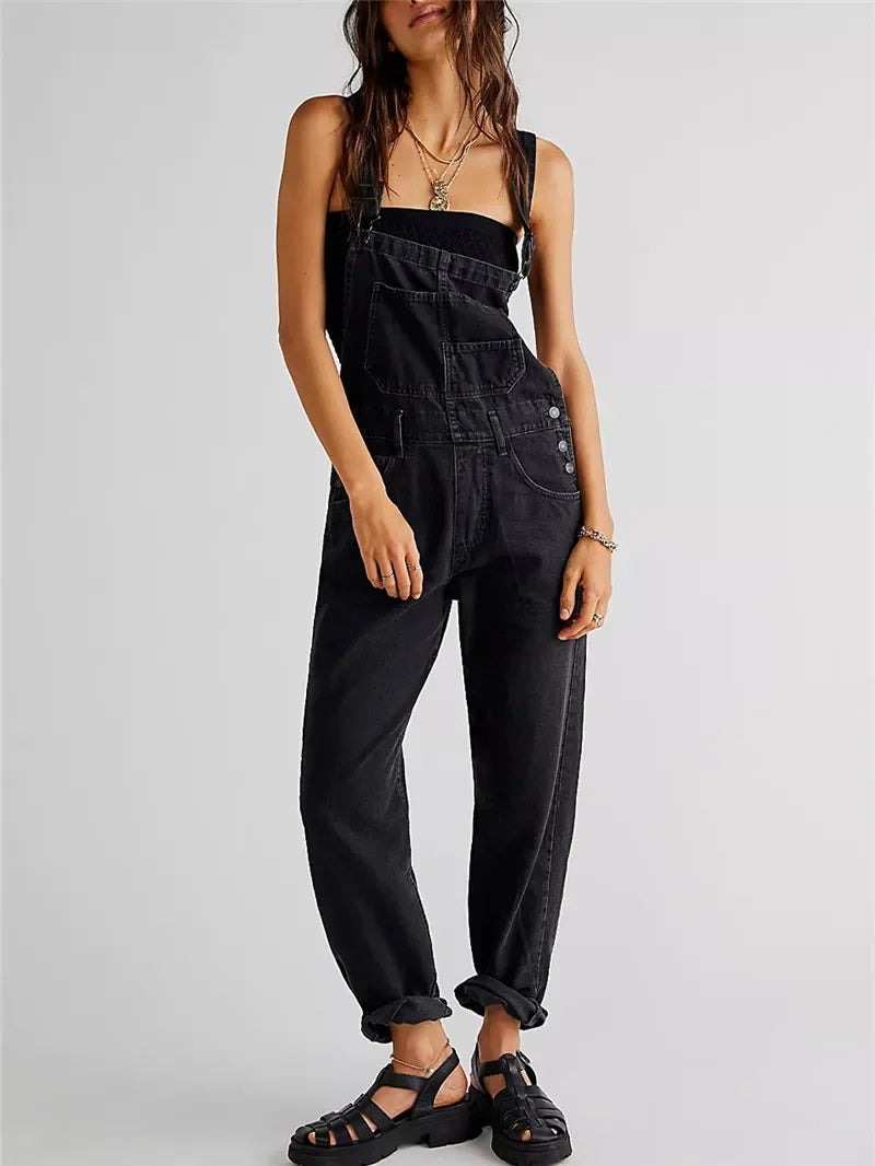 Denim Jumpsuit y2k Women Solid Color Sleeveless High Waist Romper Pants Jeans Bib Overalls with Pockets Streetwear