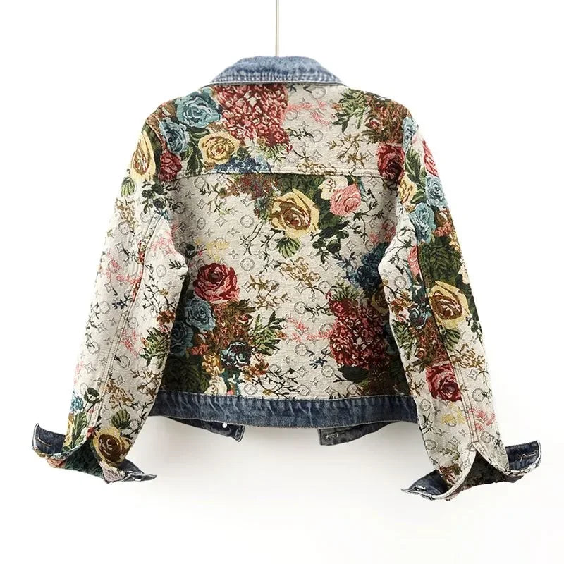 2024 Spring Autumn New Printing Short Denim Jacket Women Fashion Loose Leisure Coat Patchwork Button Vintage Outerwear Female