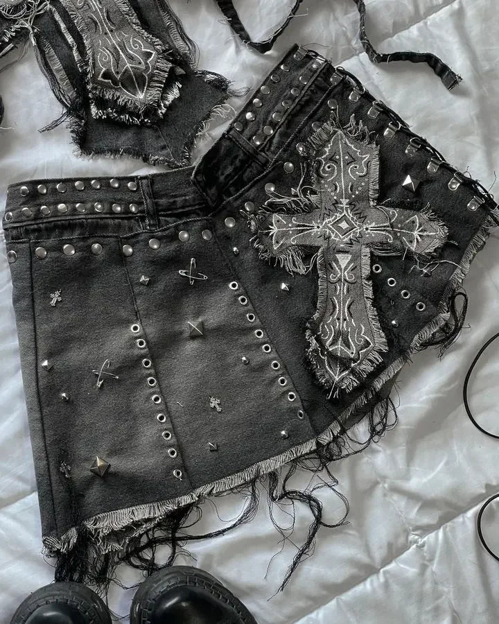 New Two Piece Sets Womens Outifits Retro Gothic Graphic Patch Y2K Clothing Denim Skirt Sets Suspender Slim Fashion Short Top