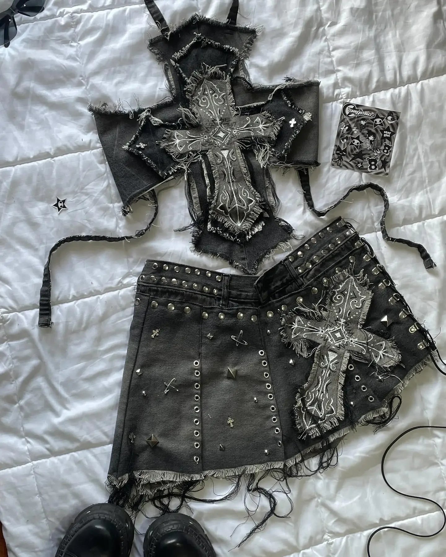 New Two Piece Sets Womens Outifits Retro Gothic Graphic Patch Y2K Clothing Denim Skirt Sets Suspender Slim Fashion Short Top