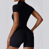 Plus Size Jumpsuit For Women'S Solid Color Summer Zippered Short Sleeve Yoga Shapewear For Dance Fitness Tight Workout Romper